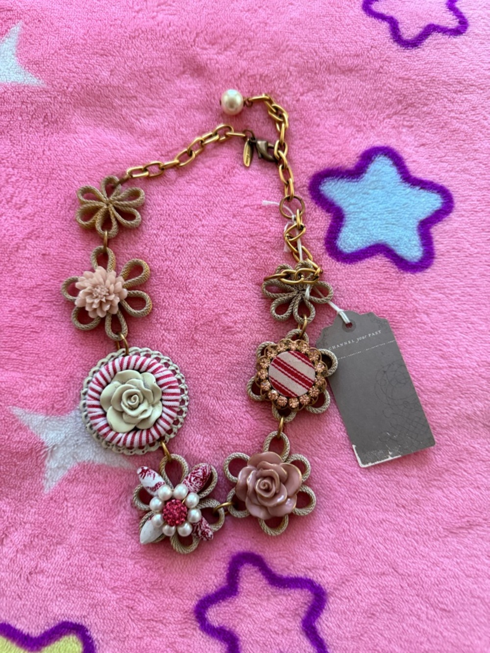 Lenora Dame Vintage Red, Pink Floral Statement Necklace with Gold-Tone Chain